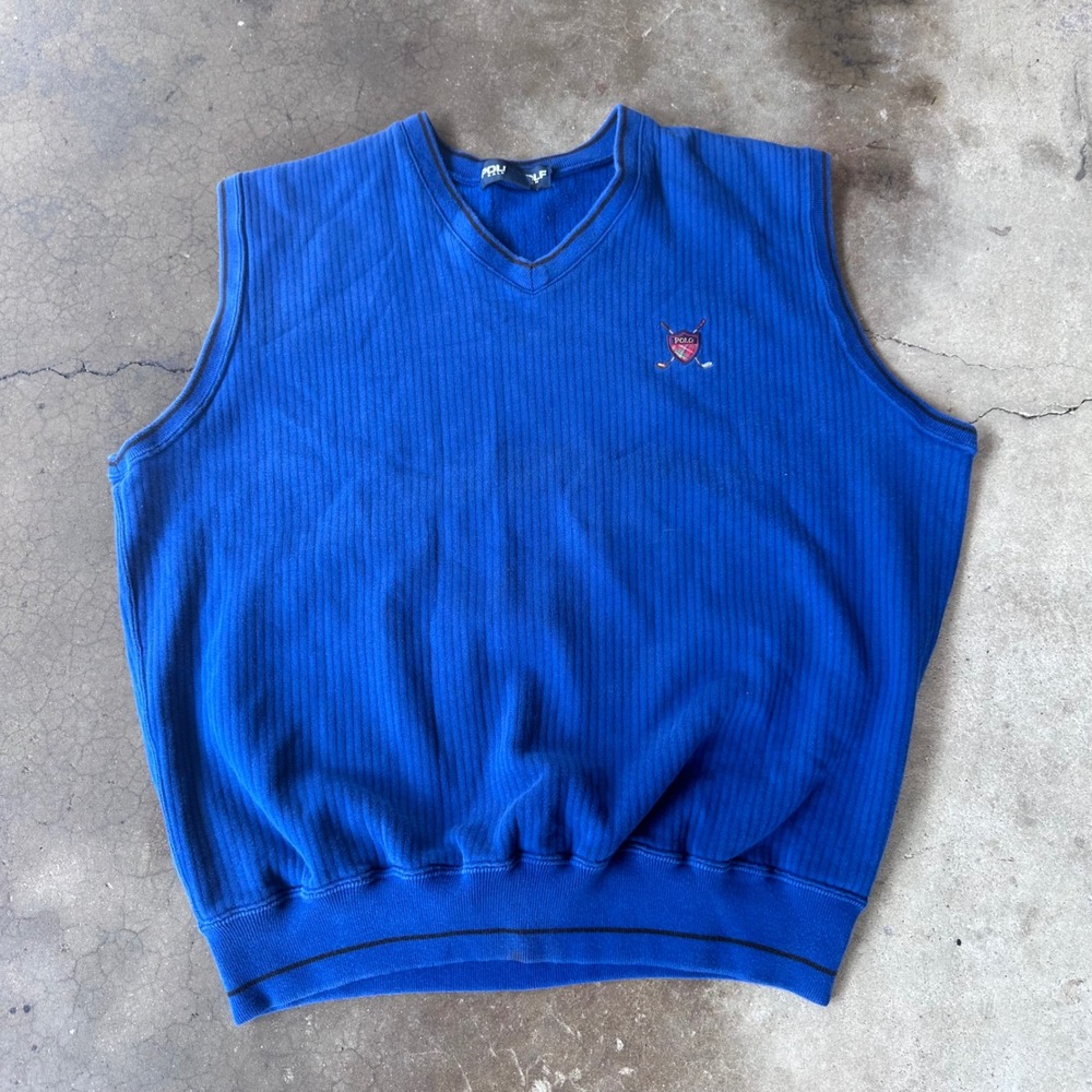 Polo Golf Ralph Lauren Sweater Vest Mens L Blue Excellent Ribbed V-Neck Crest